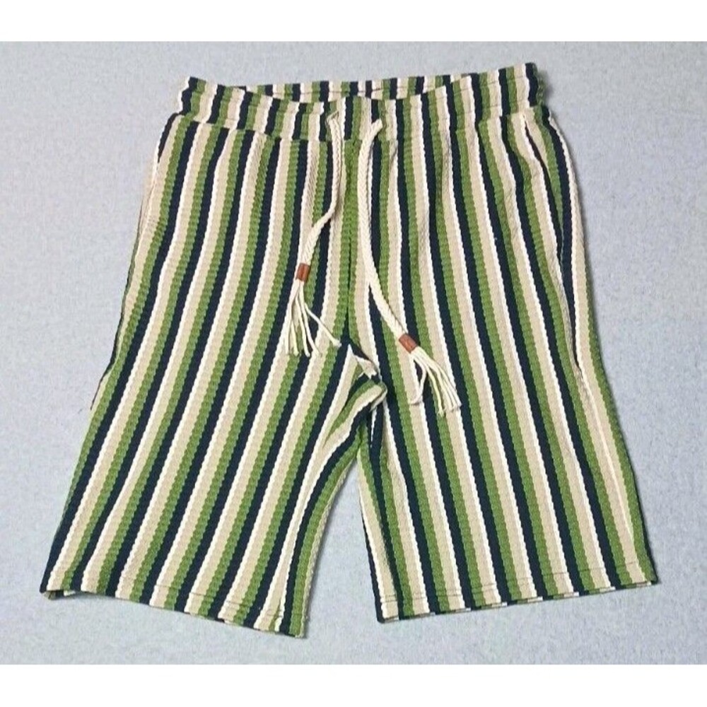 Barocco Mens Stripe Waffle Knit Shorts M Drawstrings Lounge Casual Coastal Beach